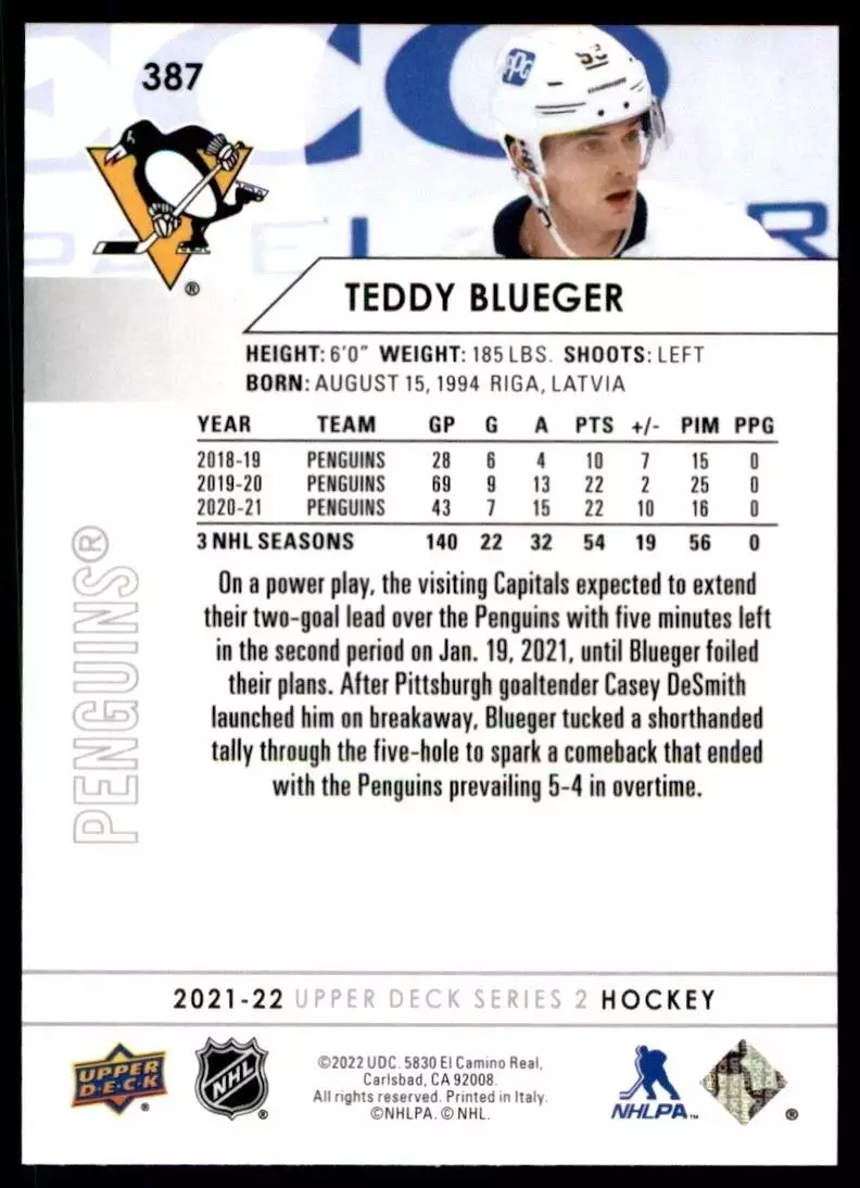 2021-22 Upper Deck #387 Teddy Blueger 1