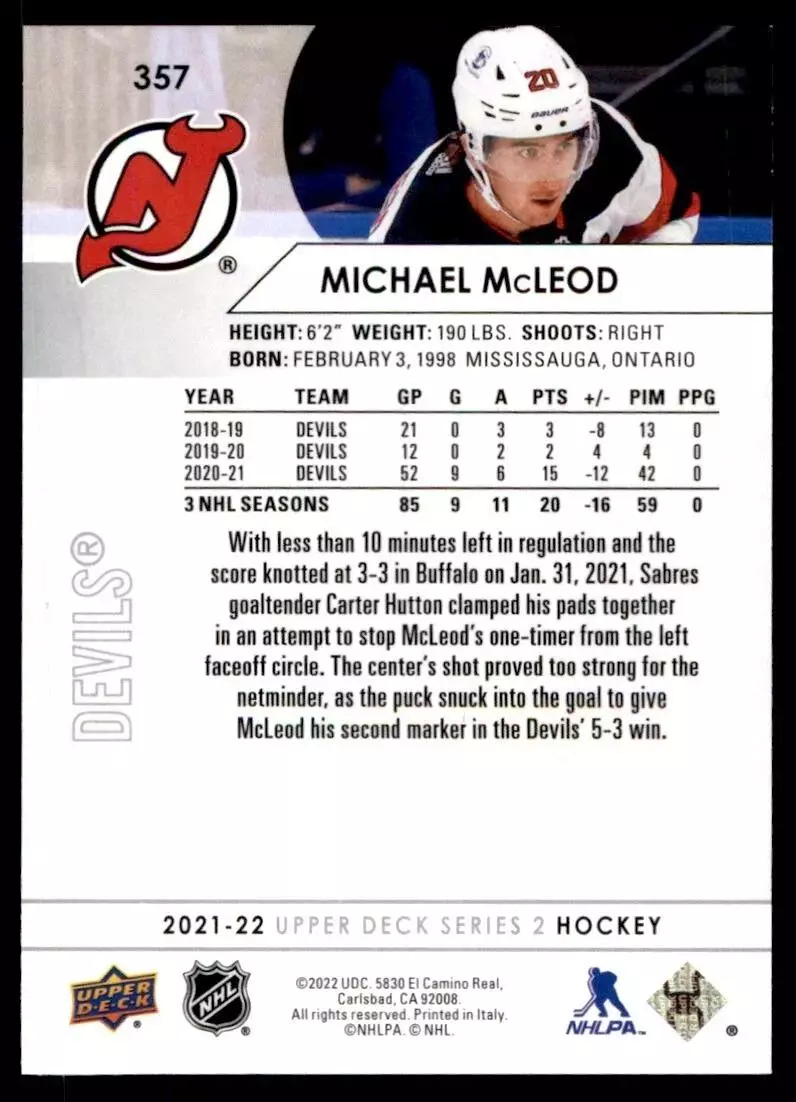 2021-22 Upper Deck #357 Michael McLeod 1
