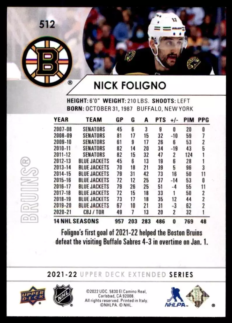 2021-22 Upper Deck #512 Nick Foligno 1