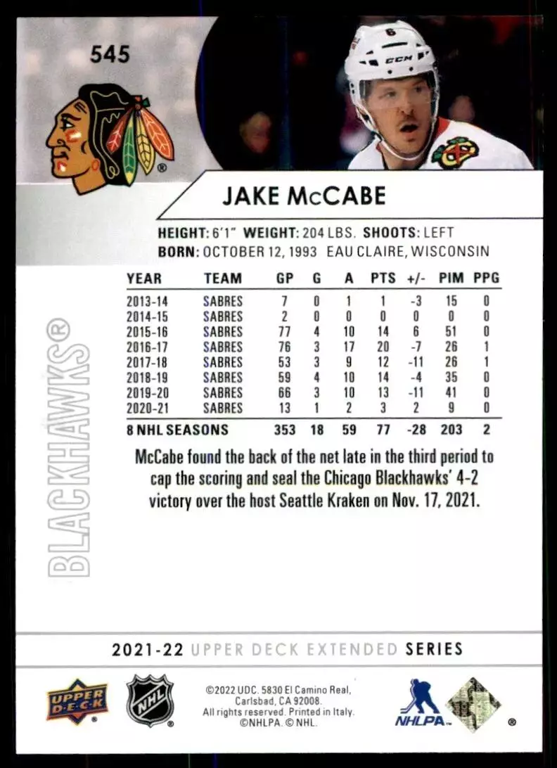 2021-22 Upper Deck #545 Jake McCabe 1