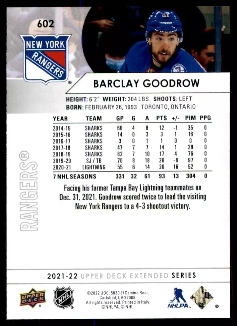 2021-22 Upper Deck #602 Barclay Goodrow 1