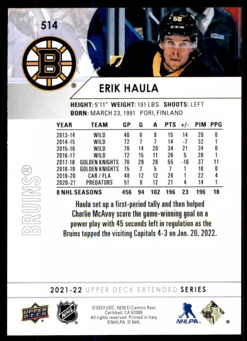 2021-22 Upper Deck #514 Erik Haula 1