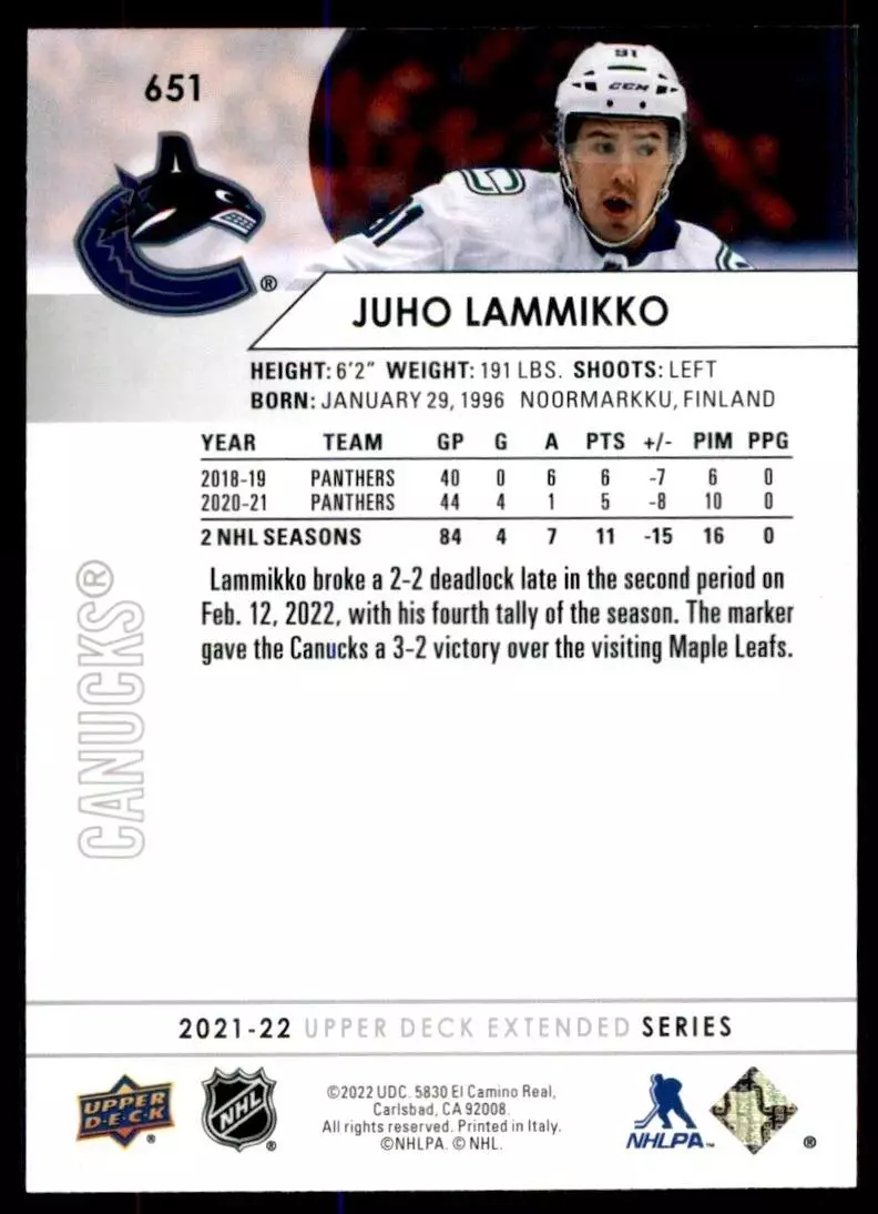 2021-22 Upper Deck #651 Juho Lammikko 1