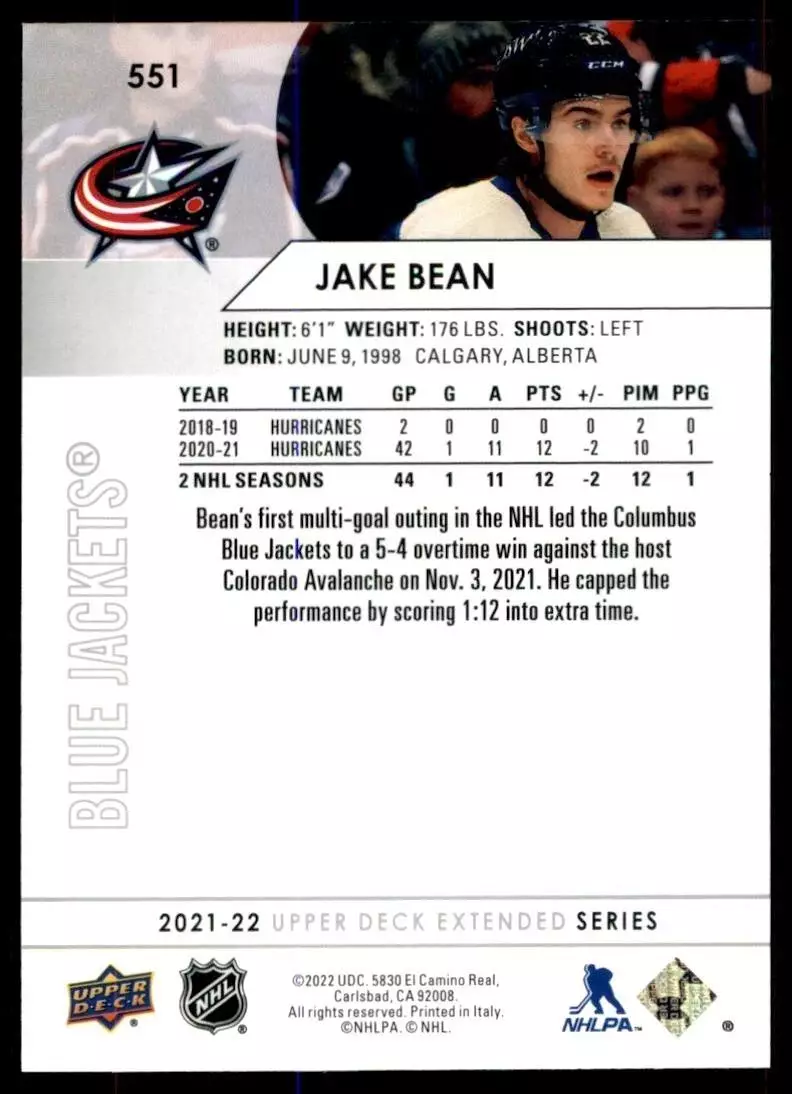 2021-22 Upper Deck #551 Jake Bean 1