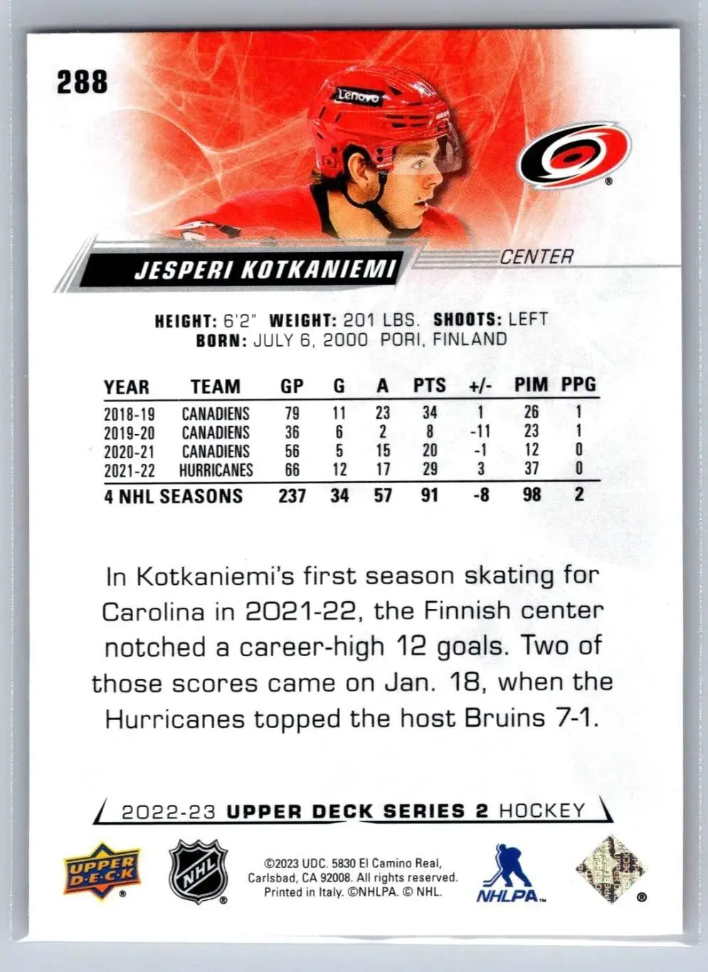 2022-23 Upper Deck #288 Jesperi Kotkaniemi 1