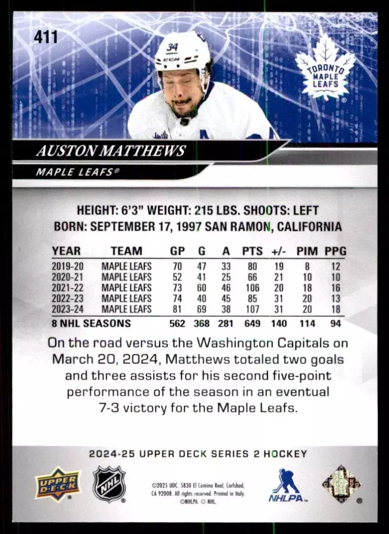 2024-25 Upper Deck #411 Auston Matthews 1