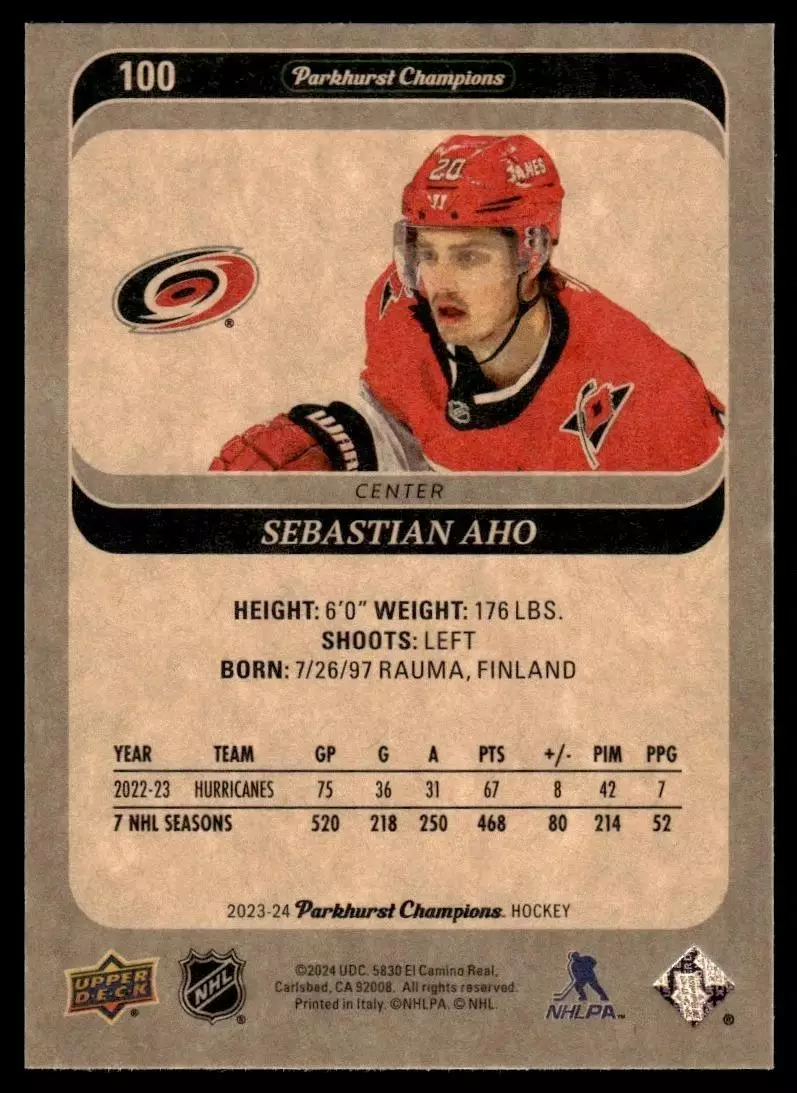2023-24 Parkhurst Champions #100 Sebastian Aho 1