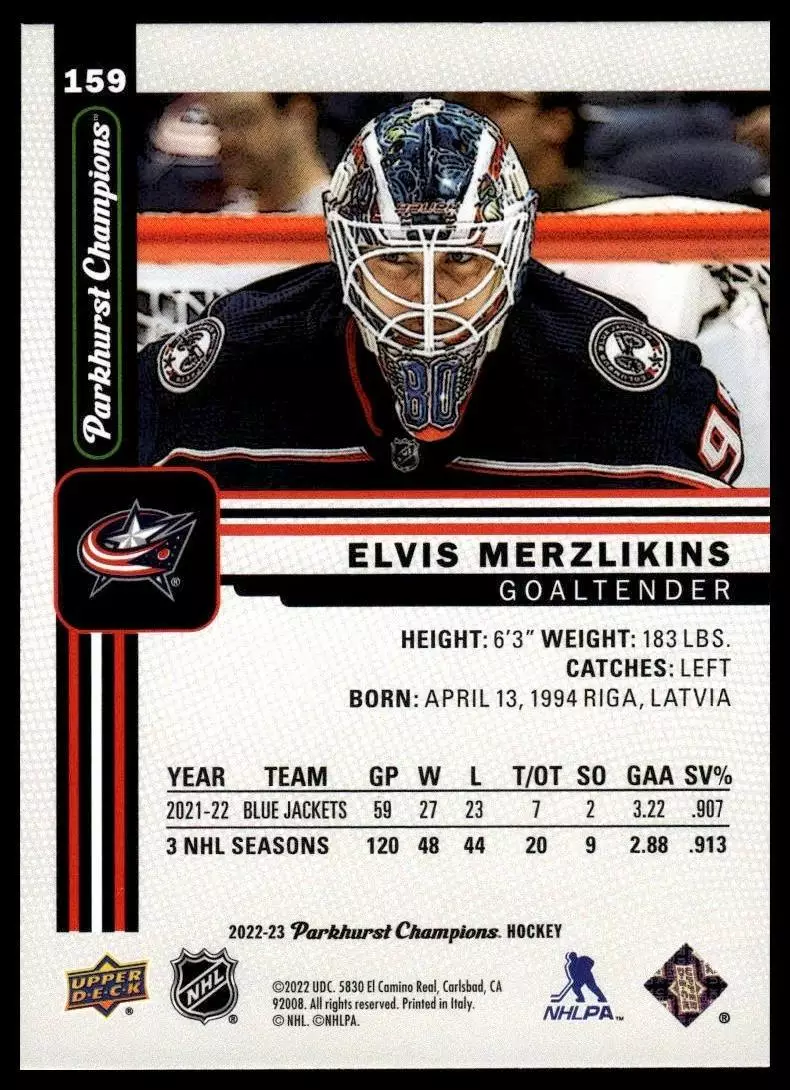 2022-23 Parkhurst Champions #159 Elvis Merzlikins 1