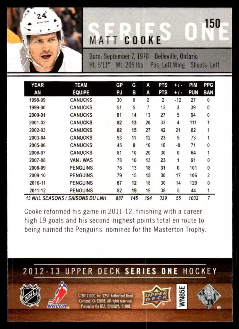 2012-13 Upper Deck #150 Matt Cooke 1
