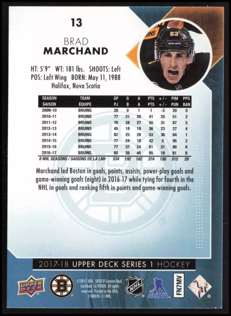 2017-18 Upper Deck #13 Brad Marchand 1