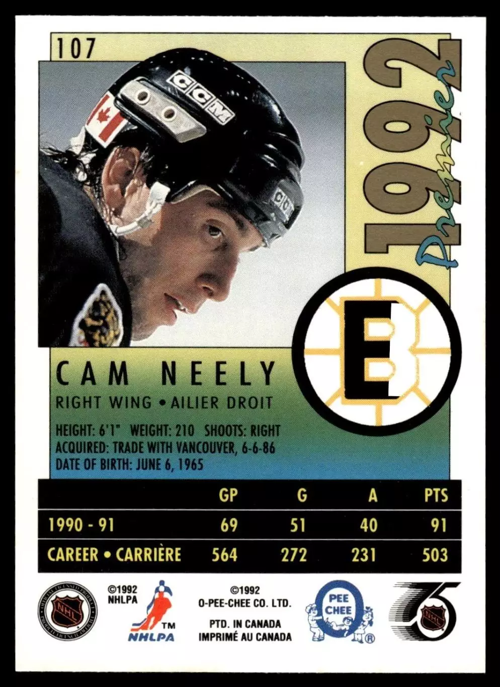 1991-92 OPC Premier #107 Cam Neely 1