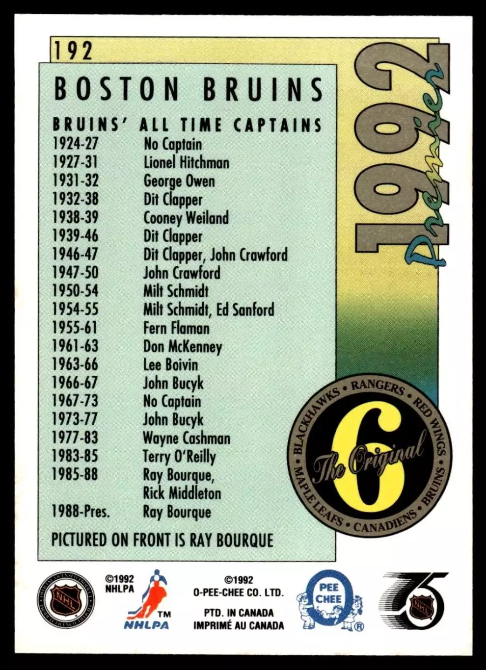 1991-92 OPC Premier #192 Ray Bourque ORIG6 1