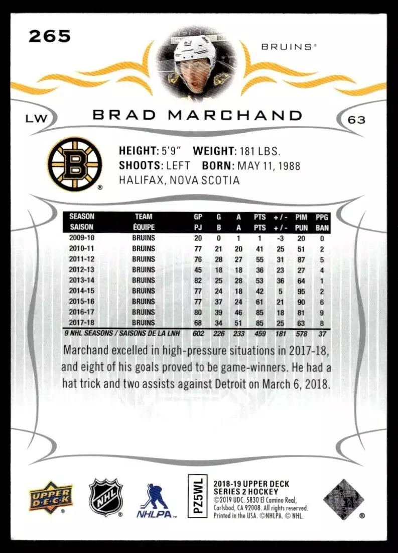 2018-19 Upper Deck #265 Brad Marchand 1