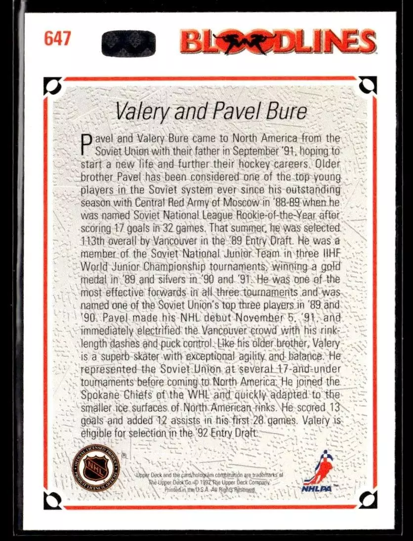 1991-92 Upper Deck #647 The Bure Brothers/Valeri Bure/Pavel Bure 1