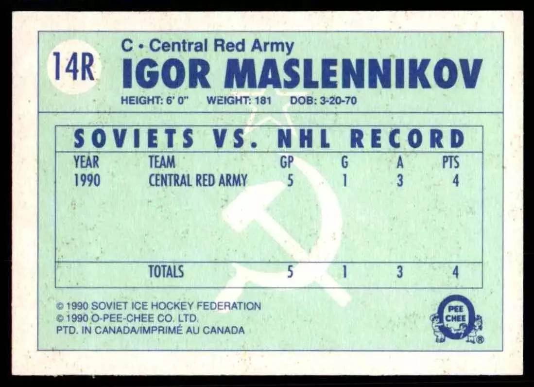1990-91 O-Pee-Chee Red Army #14R Igor Maslennikov 1