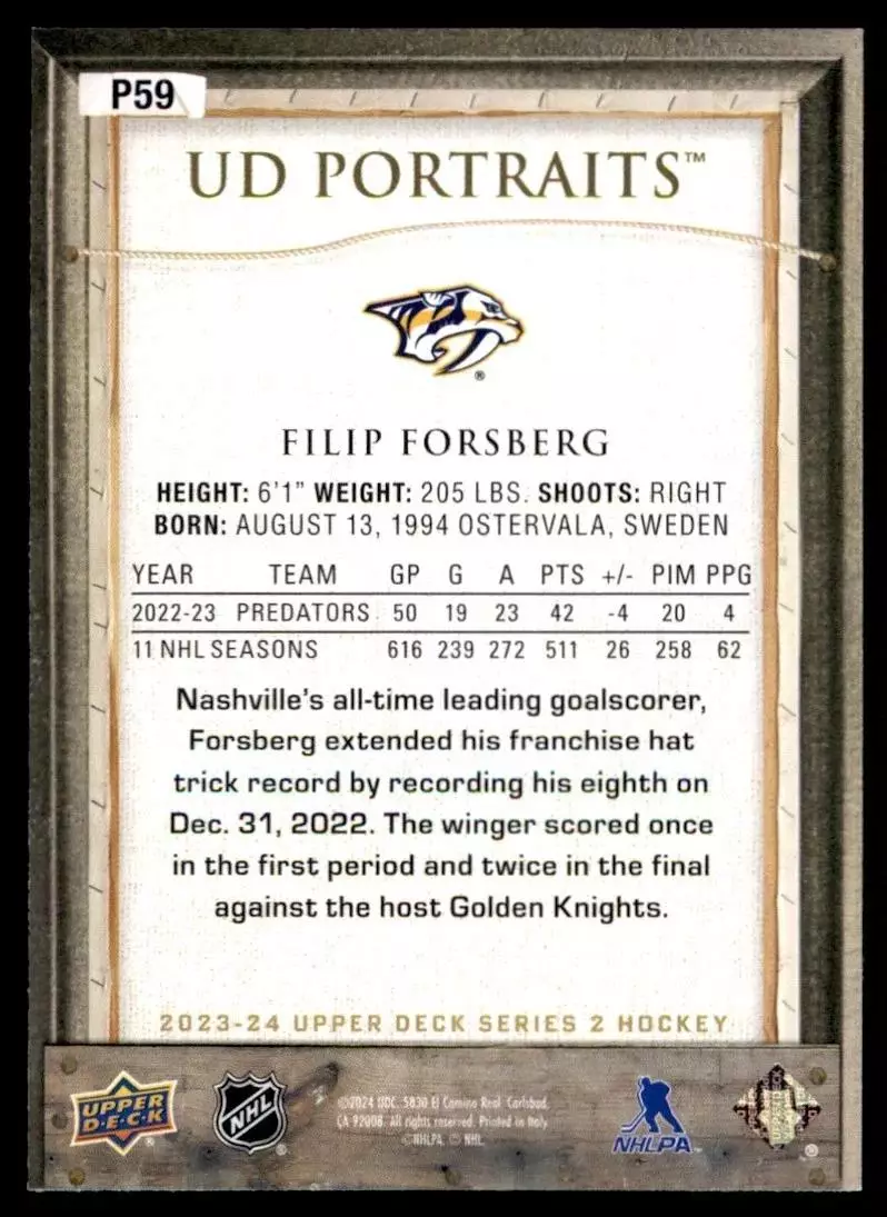 2023-24 Upper Deck UD Portraits #P59 Filip Forsberg 1