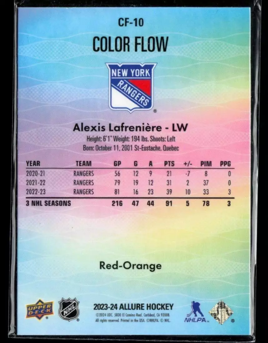2023-24 Upper Deck Allure Color Flow Red Orange #CF10 Alexis Lafreniere 1