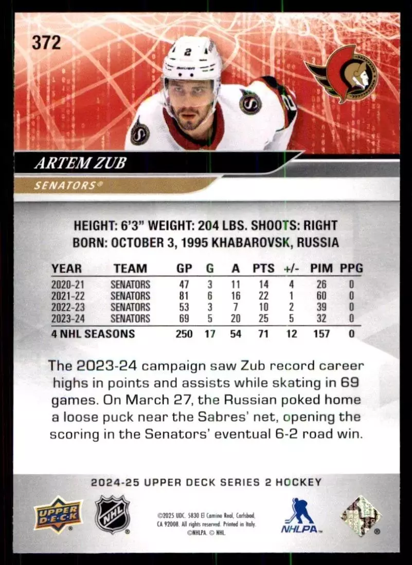 2024-25 Upper Deck #372 Artem Zub 1