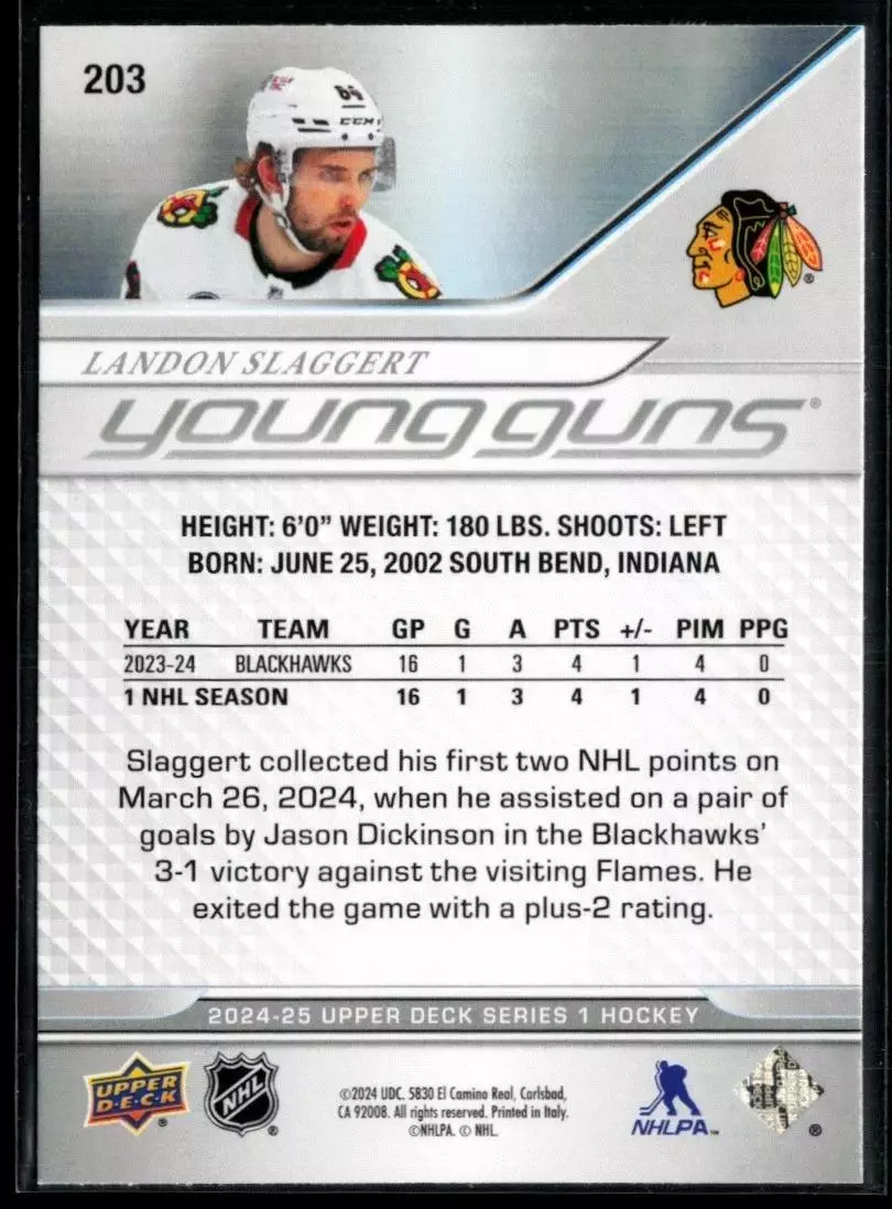 2024-25 Upper Deck #203 Landon Slaggert YG RC 1