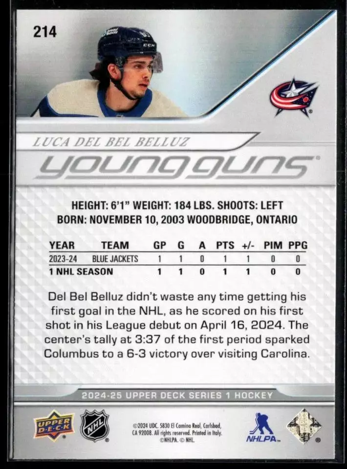 2024-25 Upper Deck #214 Luca Del Bel Belluz YG RC 1