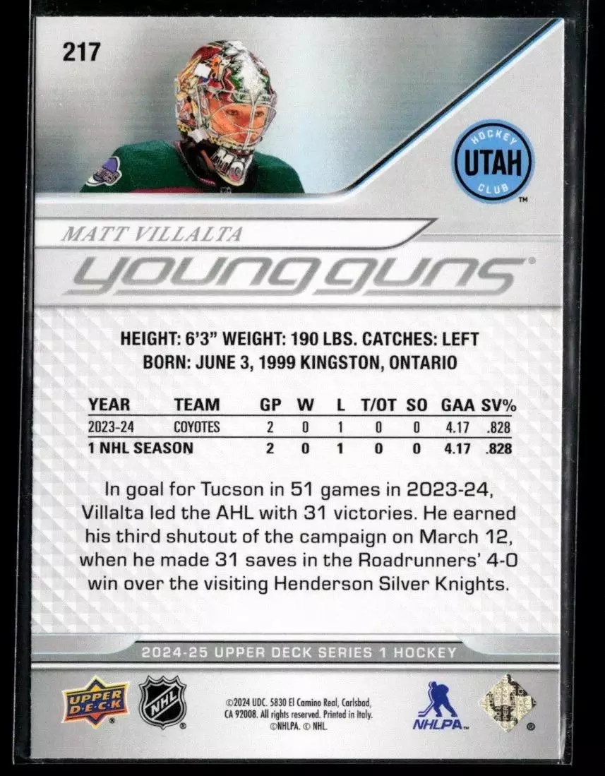 2024-25 Upper Deck #217 Matt Villalta YG RC 1