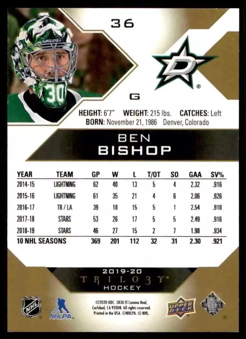 2019-20 Upper Deck Trilogy #36 Ben Bishop 1