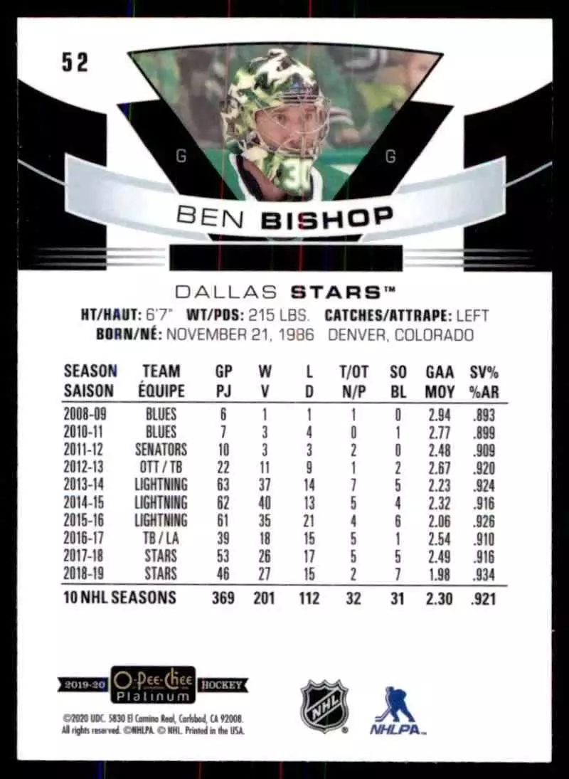 2019-20 O-Pee-Chee Platinum #52 Ben Bishop 1