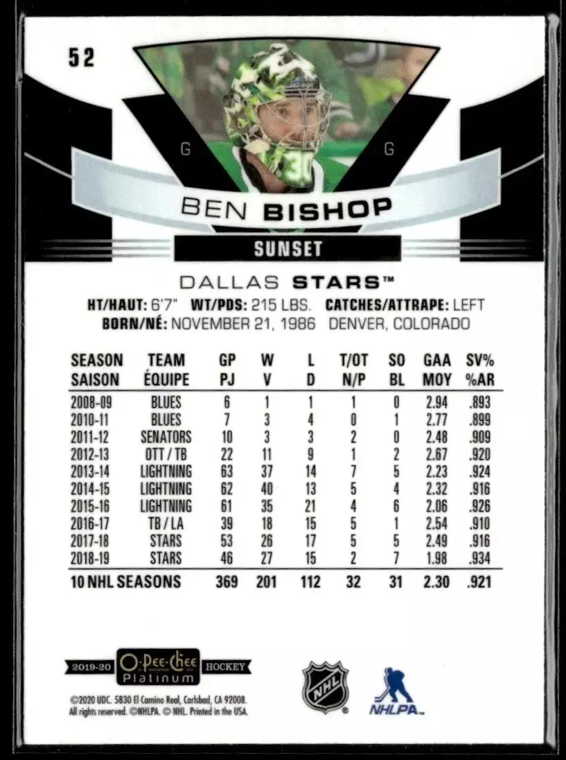 2019-20 O-Pee-Chee Platinum Sunset #52 Ben Bishop 1