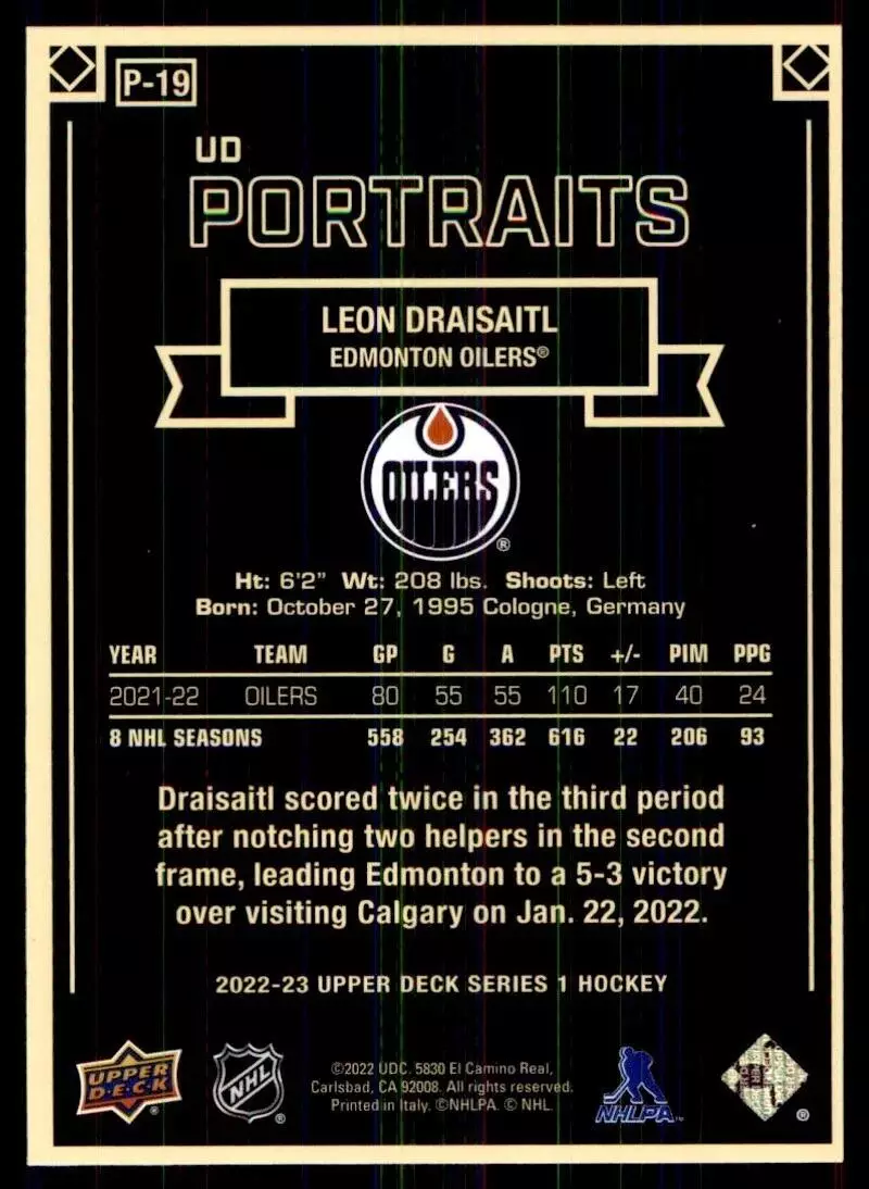 2022-23 Upper Deck UD Portraits #P19 Leon Draisaitl 1