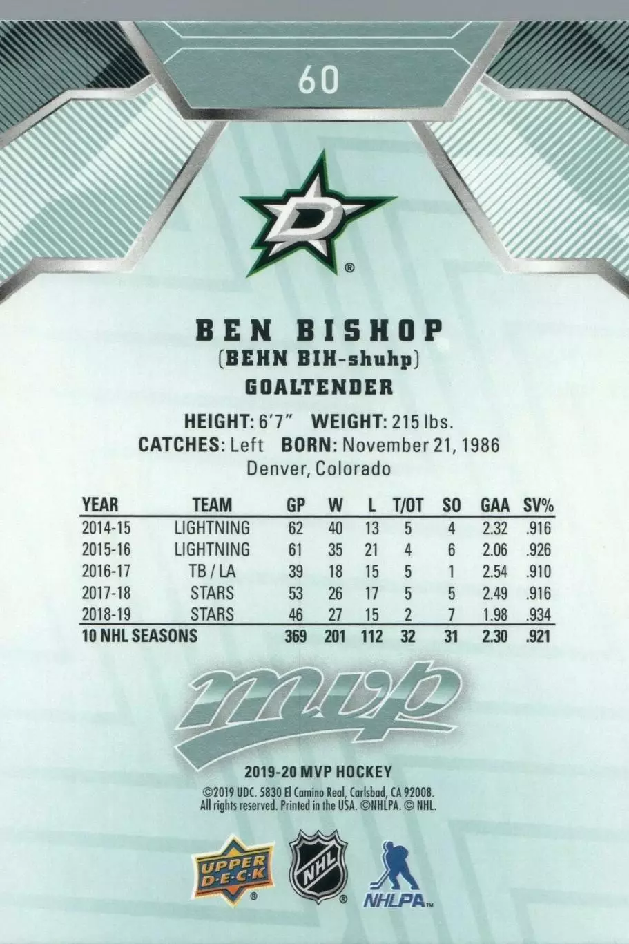 2018-19 Upper Deck #60 Ben Bishop 1