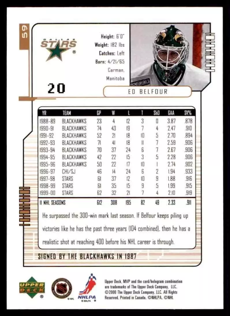 2000-01 Upper Deck MVP #59 Ed Belfour 1