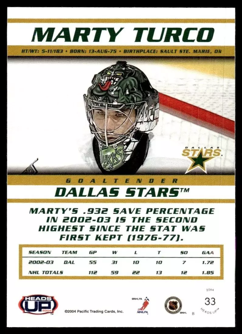 2003-04 Pacific Heads Up #33 Marty Turco 1
