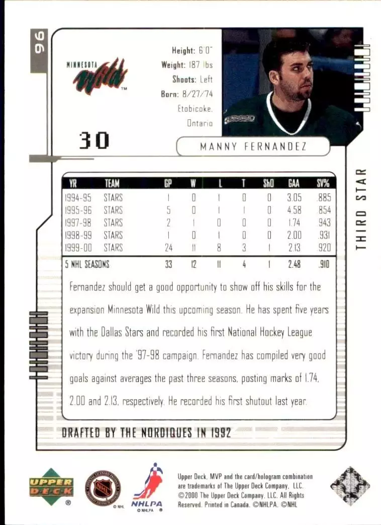 2000-01 Upper Deck MVP Third Stars #96 Manny Fernandez 1