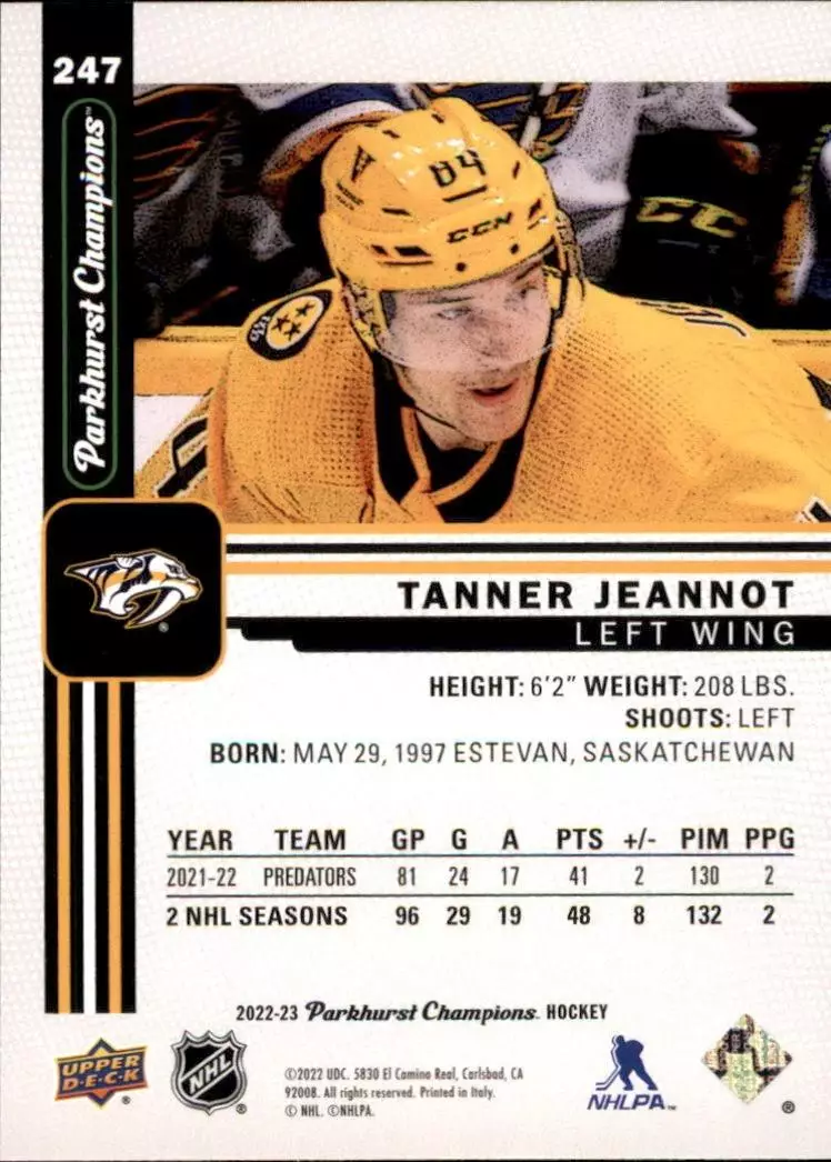 2022-23 Parkhurst Champions #247 Tanner Jeannot 1