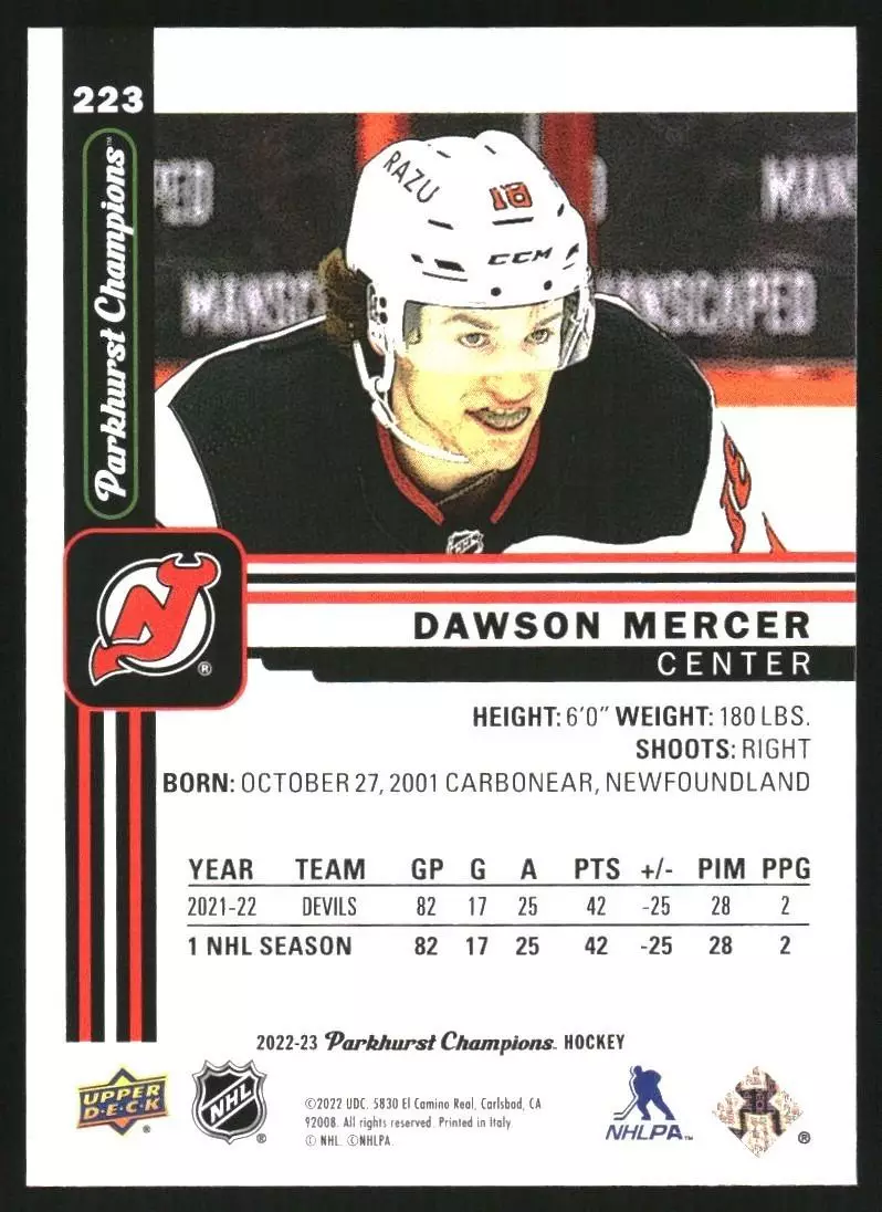 2022-23 Parkhurst Champions #223 Dawson Mercer 1