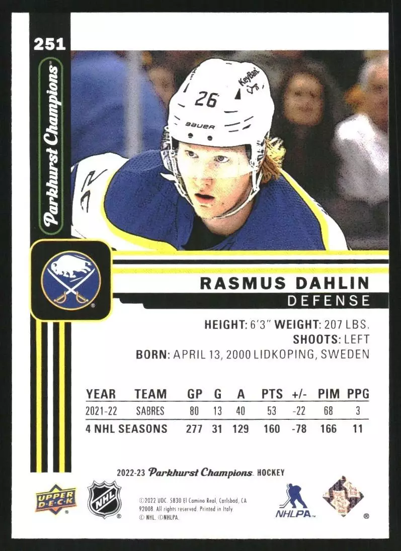 2022-23 Parkhurst Champions #251 Rasmus Dahlin 1