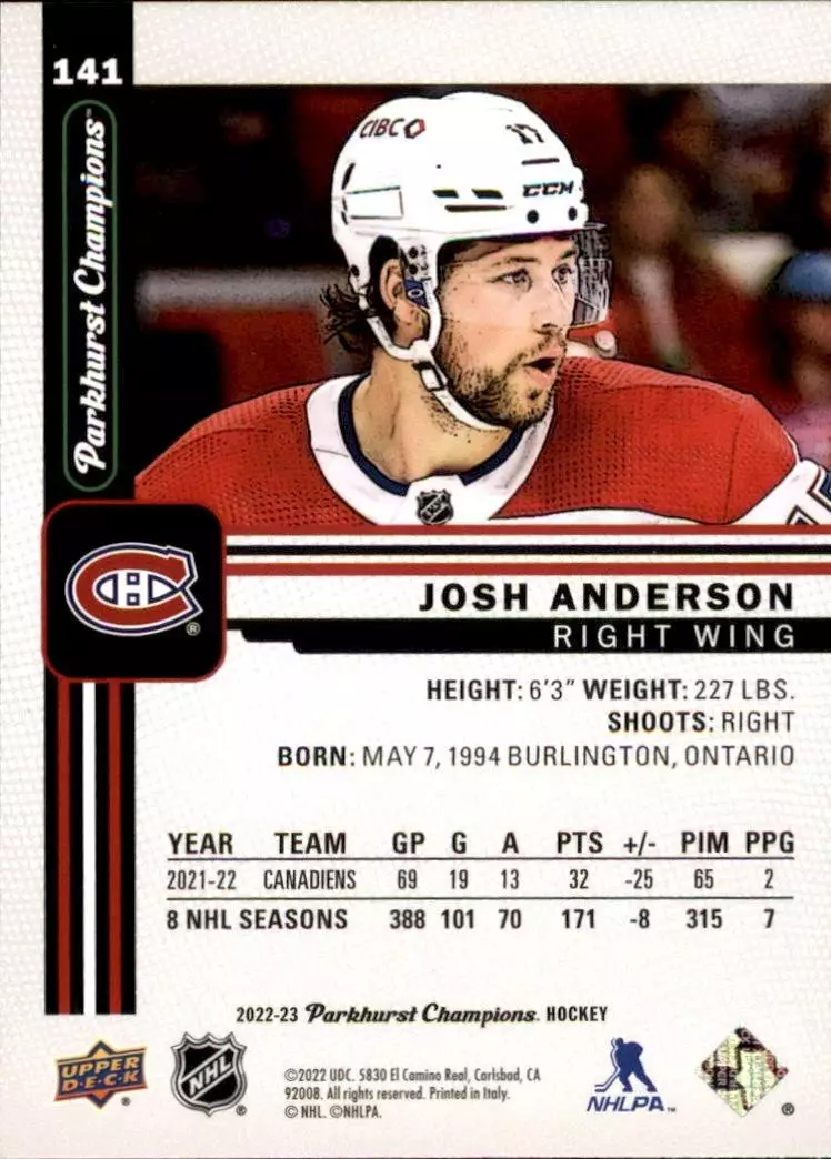 2022-23 Parkhurst Champions #141 Josh Anderson 1