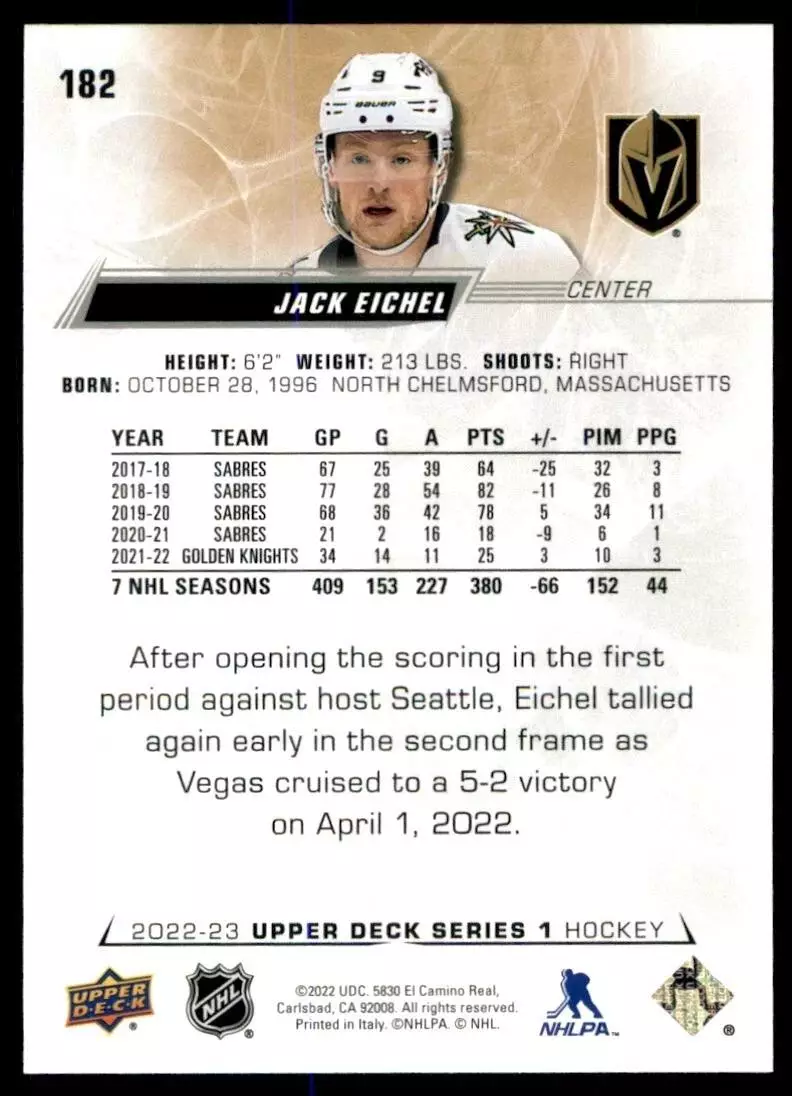 2022-23 Upper Deck #182 Jack Eichel 1