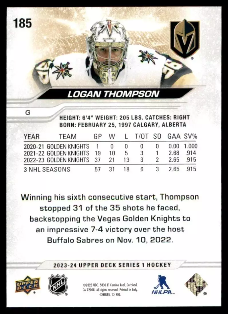 2023-24 Upper Deck #185 Logan Thompson 1