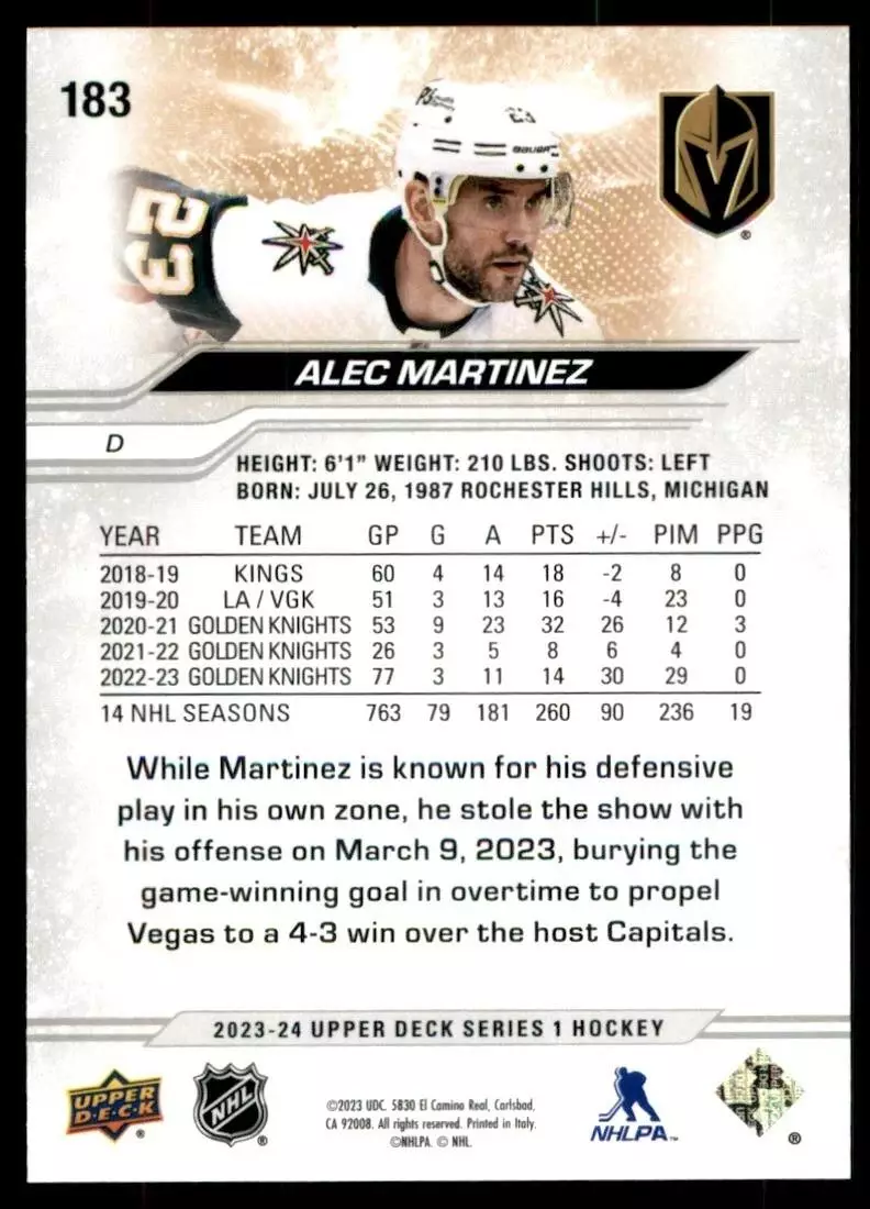 2023-24 Upper Deck #183 Alec Martinez 1