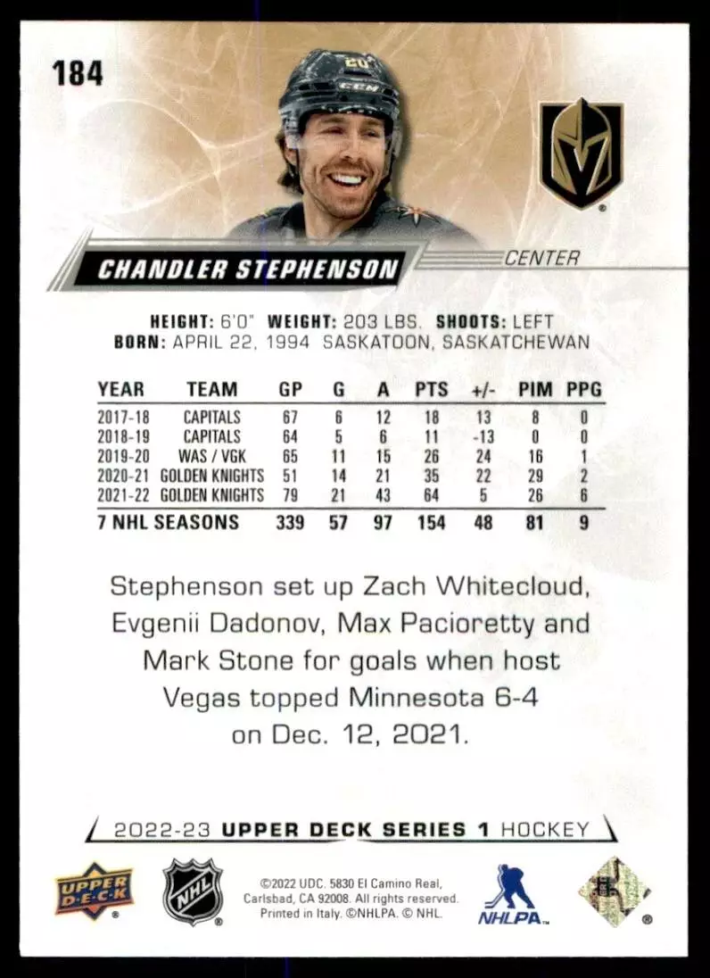 2022-23 Upper Deck #184 Chandler Stephenson 1