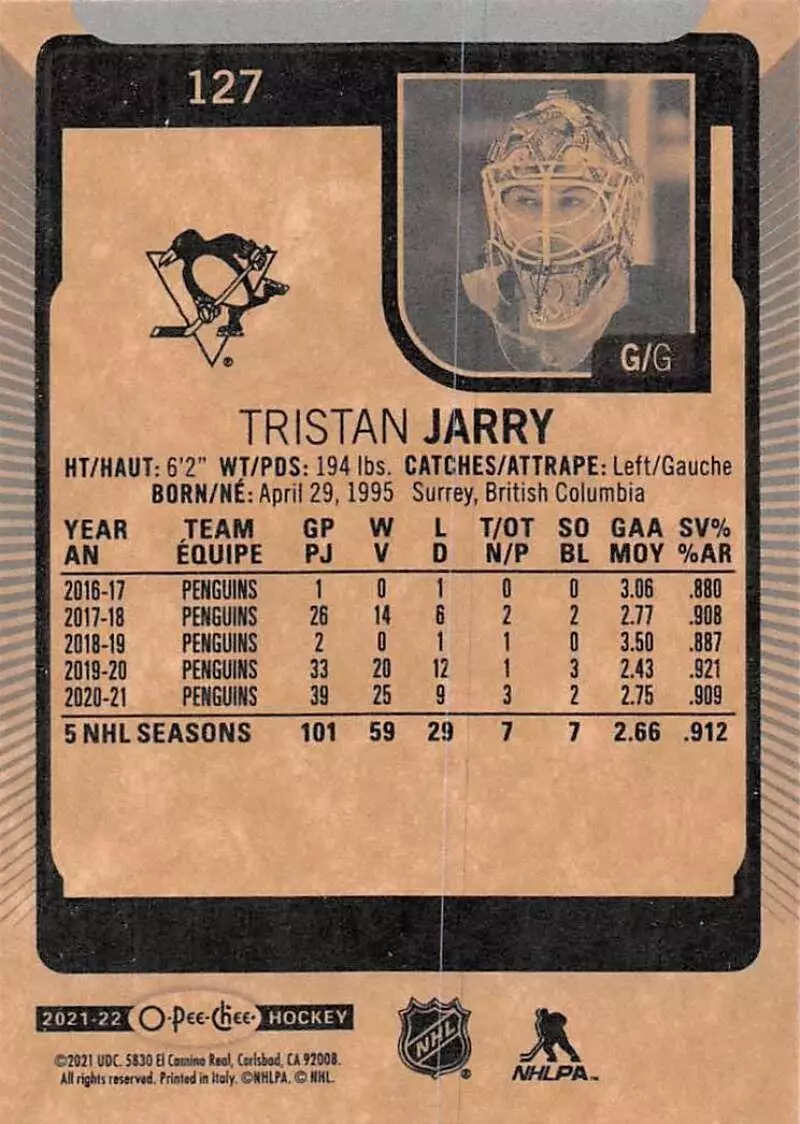 2021-22 O-Pee-Chee #127 Tristan Jarry 1