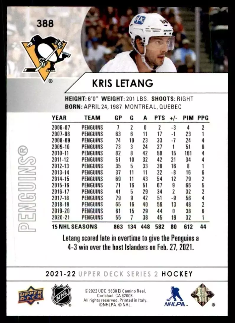 2021-22 Upper Deck #388 Kris Letang 1