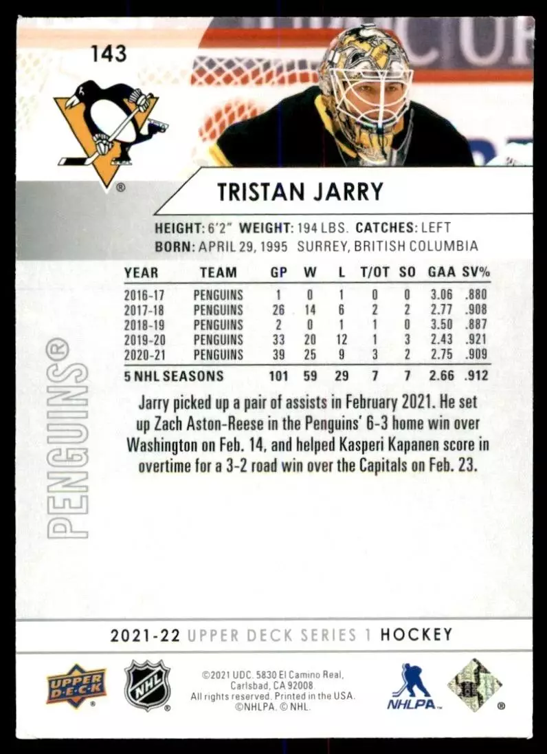 2021-22 Upper Deck #143 Tristan Jarry 1