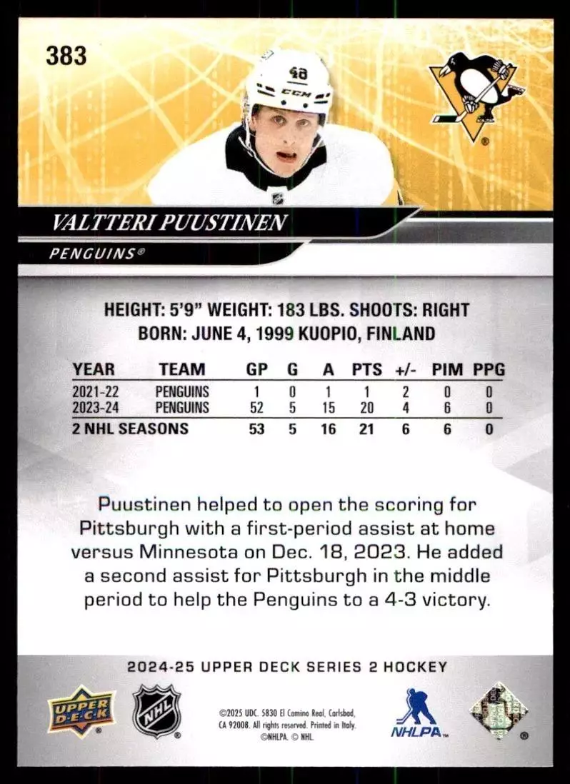 2024-25 Upper Deck #383 Valtteri Puustinen 1