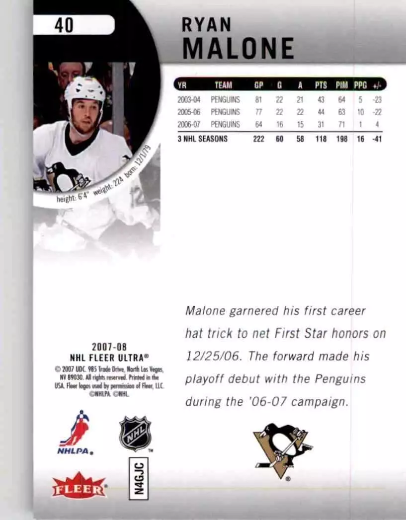 2007-08 Ultra #40 Ryan Malone 1