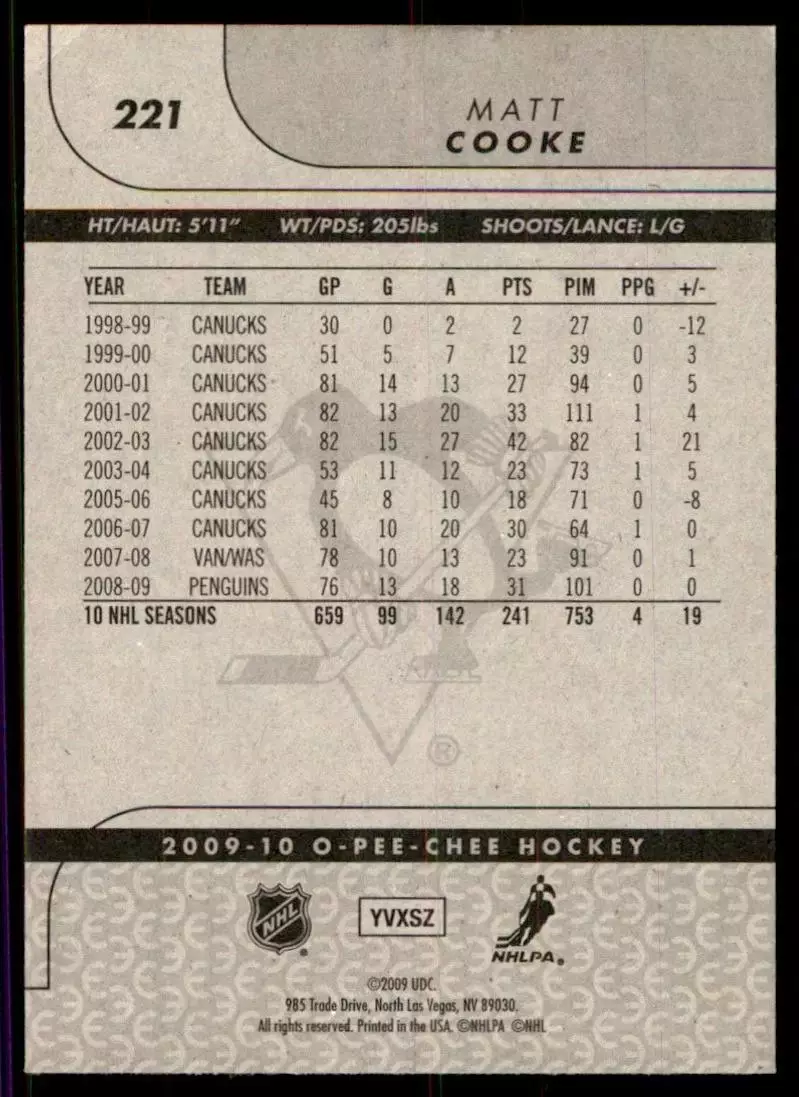 2009-10 O-Pee-Chee #221 Matt Cooke 1