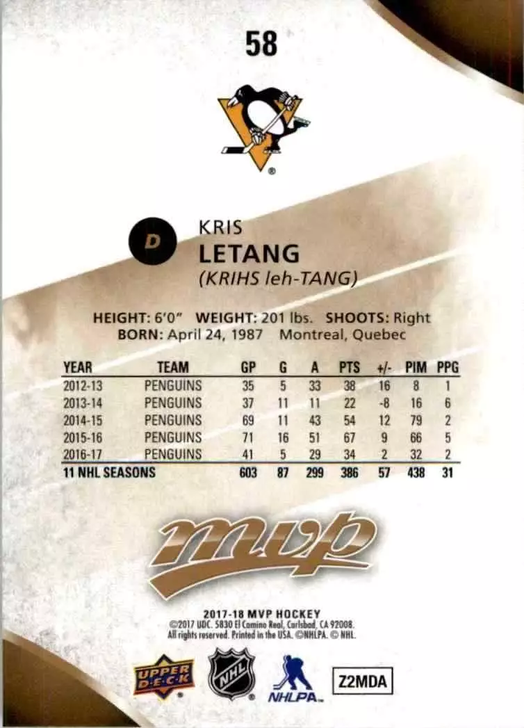 2017-18 Upper Deck MVP #58 Kris Letang 1