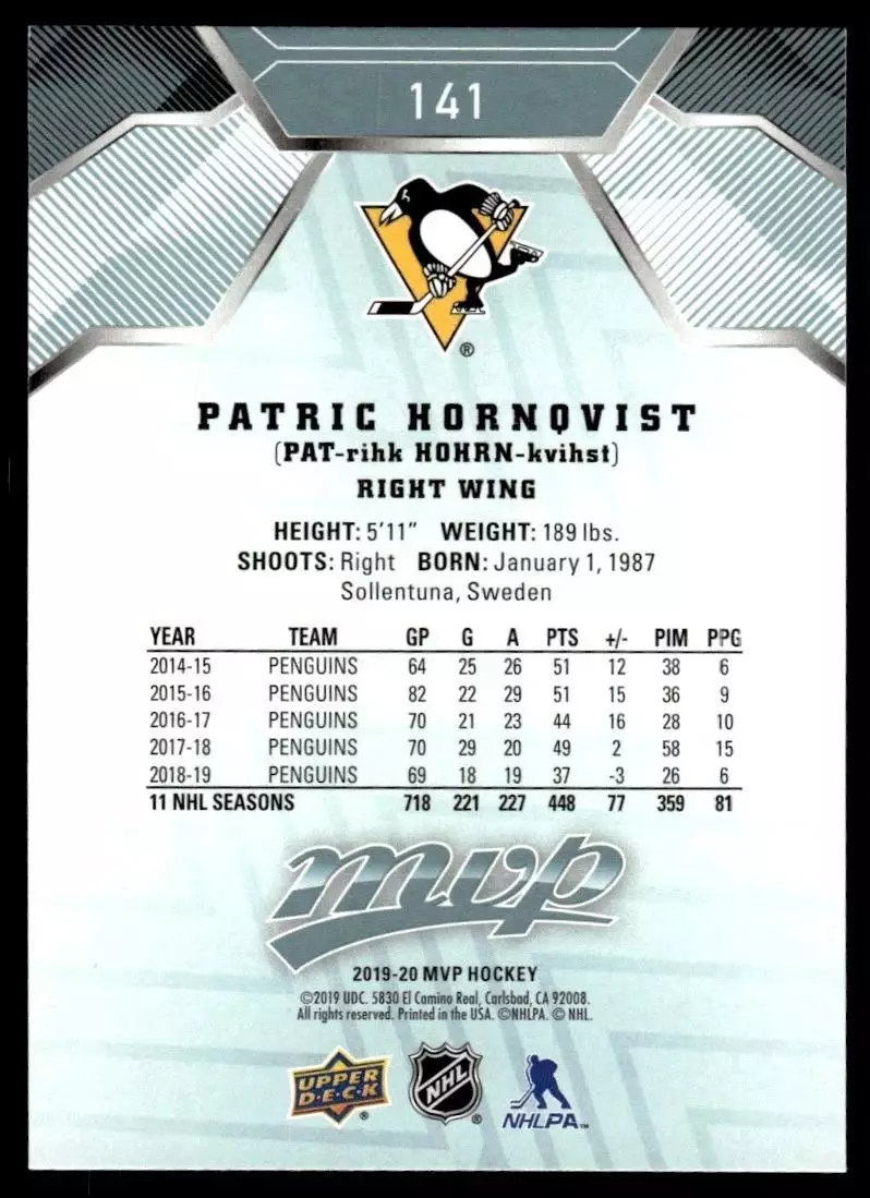 2019-20 Upper Deck MVP #141 Patric Hornqvist 1