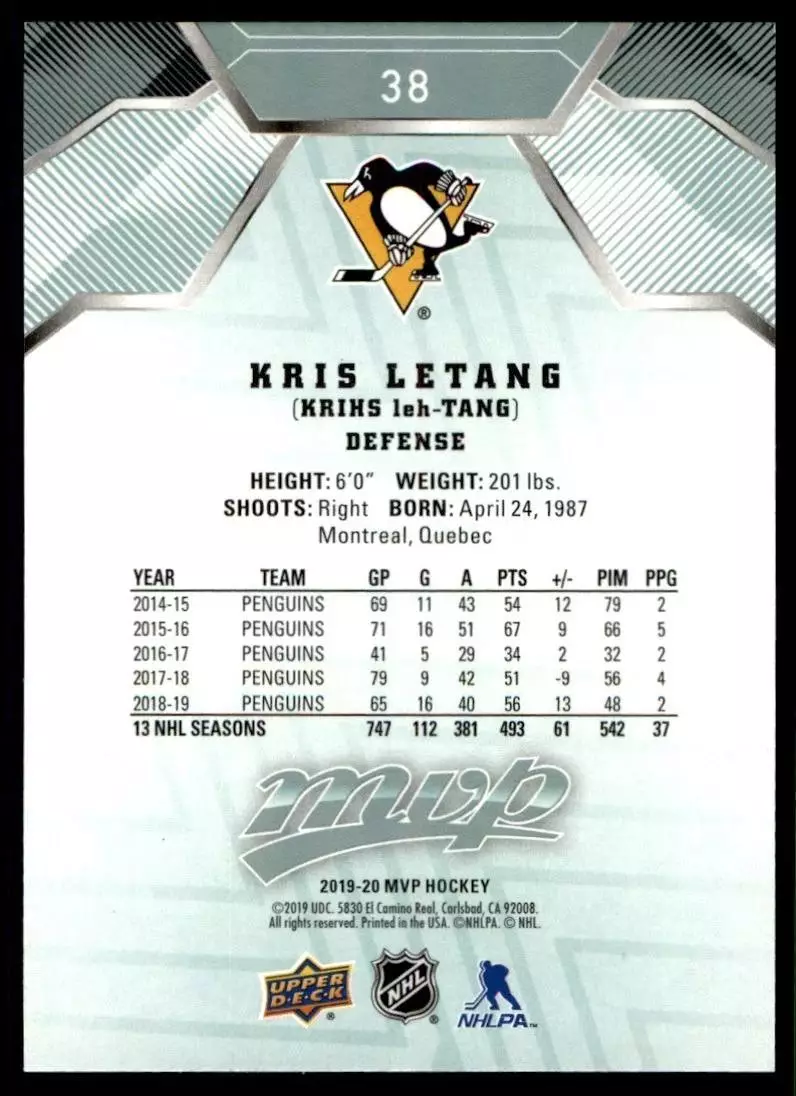 2019-20 Upper Deck MVP #38 Kris Letang 1